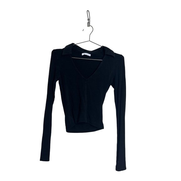 Ninety Percent Shirt Womens XS Black Long Sleeve Fitted Deep VNeck Blouse Casual - Picture 3 of 6